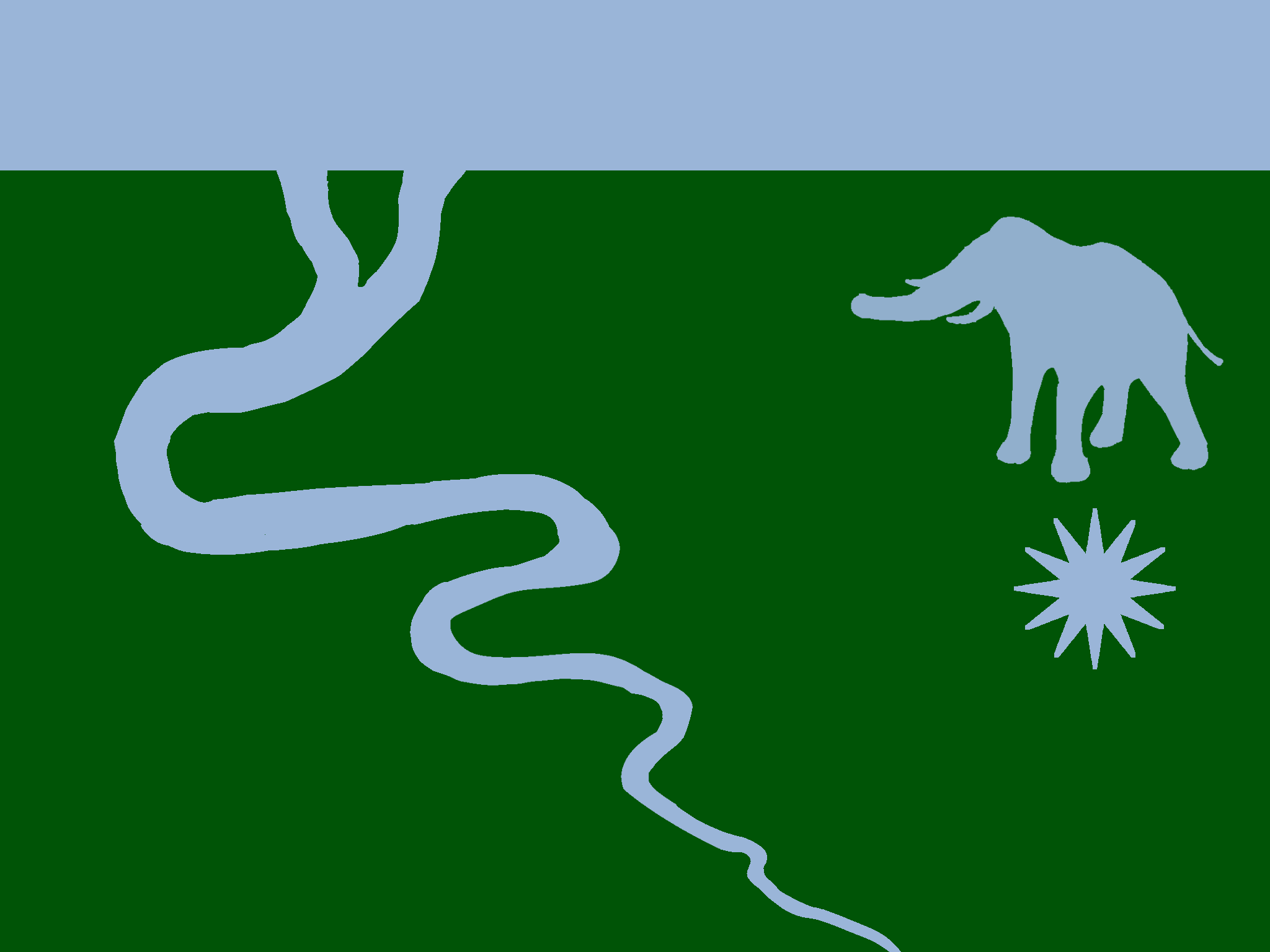 A dark green flag with a narrow blue stripe at the top. In the green area there is a meandering light blue river on the left and a light blue silhouette of an elephant above a twelve pointed star on the right.